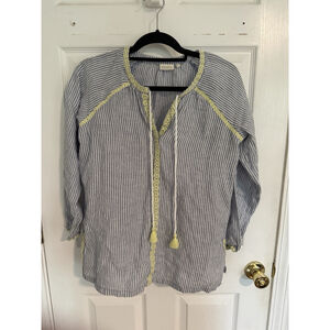 Spartina 449 Striped Tassel Blouse Size XS Blue White Boho Tunic Top